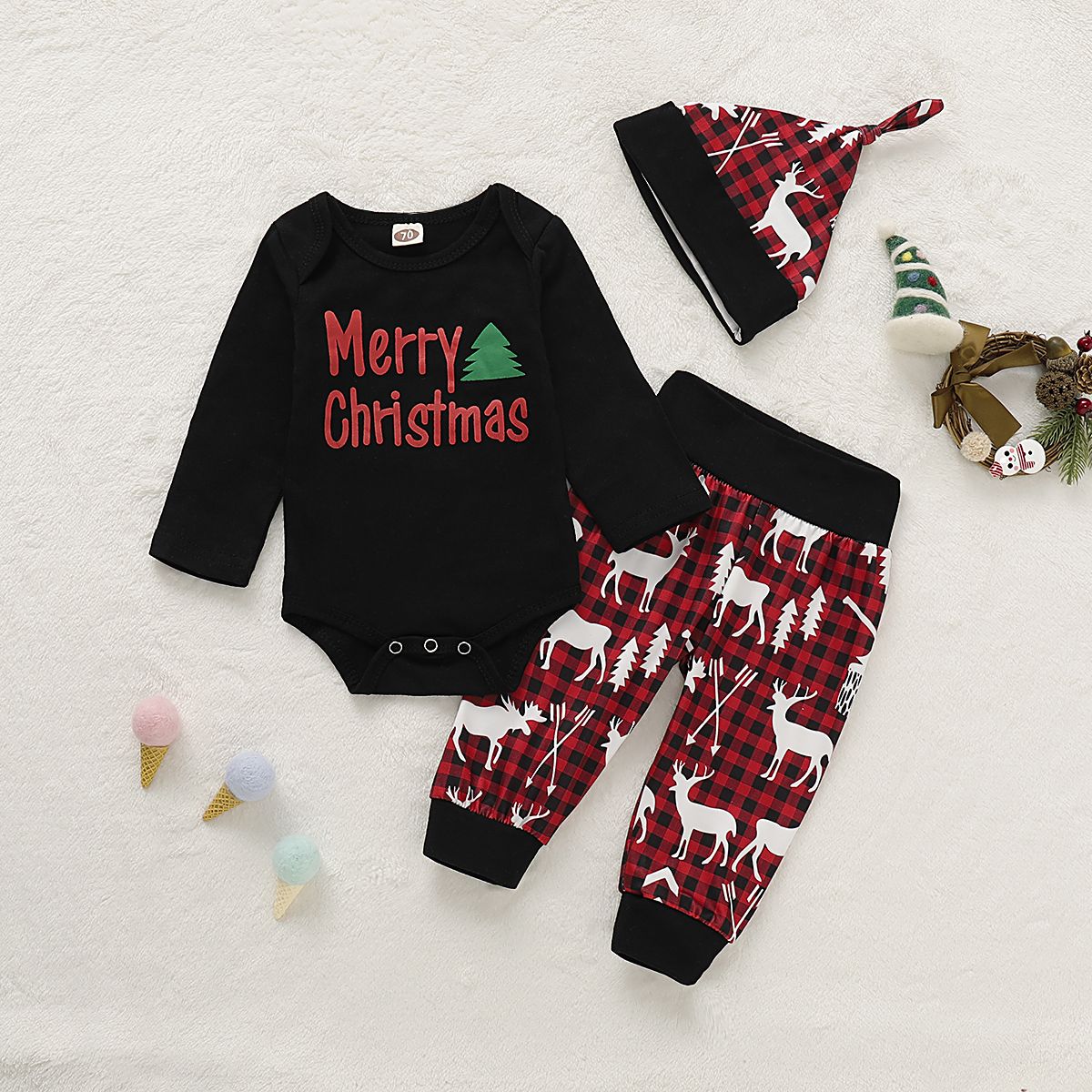 Baby Boys XMAS Cute Elk Design Long Sleeves Plaid Clothes Set