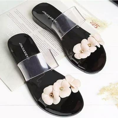 Ladies Tri-Petal Rose Jelly Slippers - Black
