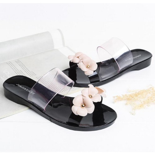 Ladies Tri-Petal Rose Jelly Slippers - Black