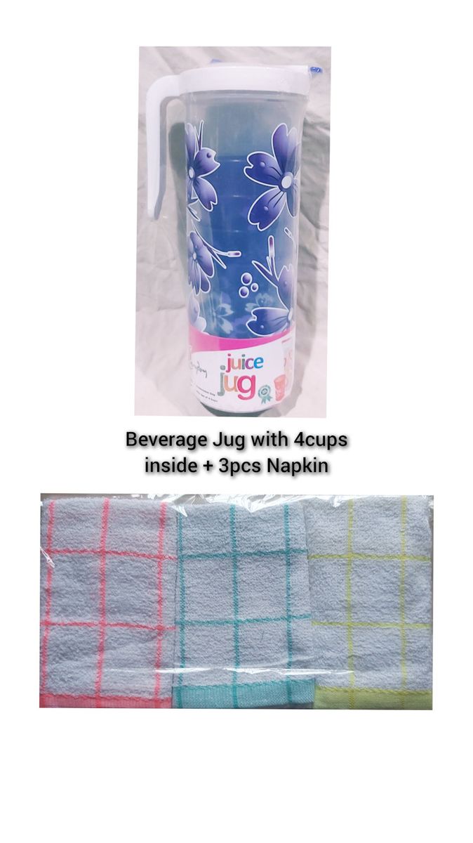 Water / Beverage Jug + Set Of 4 Purple Cups Inside + 3napkin