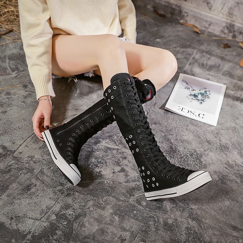 High Knee Boot Canvas Shoe Black