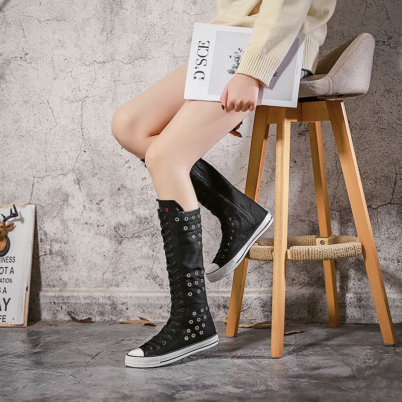High Knee Boot Canvas Shoe Black