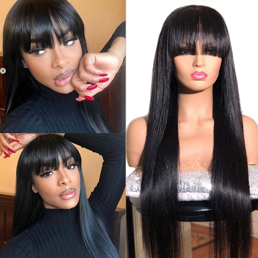 Ladies Air Bangs Long Straight Wig Head Cover