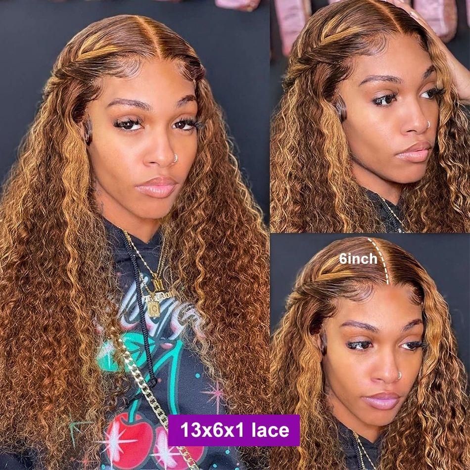 RE DU Young girl Highlight Hair Deep Wave Frontal Wig Ombre Blonde Front Wig Colored Curly Hair Wigs For Black Women