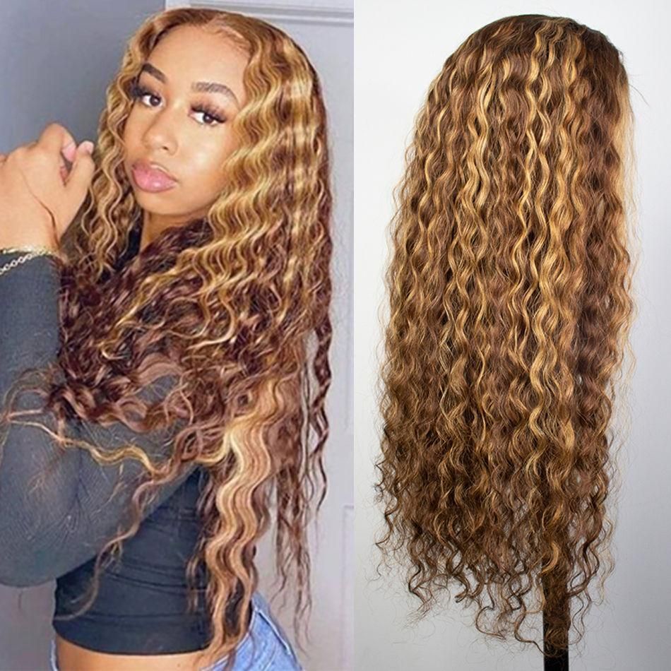 RE DU Young girl Highlight Hair Deep Wave Frontal Wig Ombre Blonde Front Wig Colored Curly Hair Wigs For Black Women
