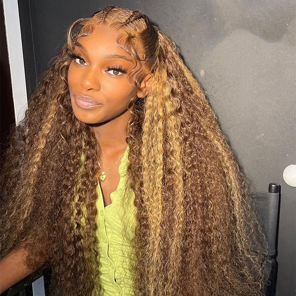 RE DU Young girl Highlight Hair Deep Wave Frontal Wig Ombre Blonde Front Wig Colored Curly Hair Wigs For Black Women