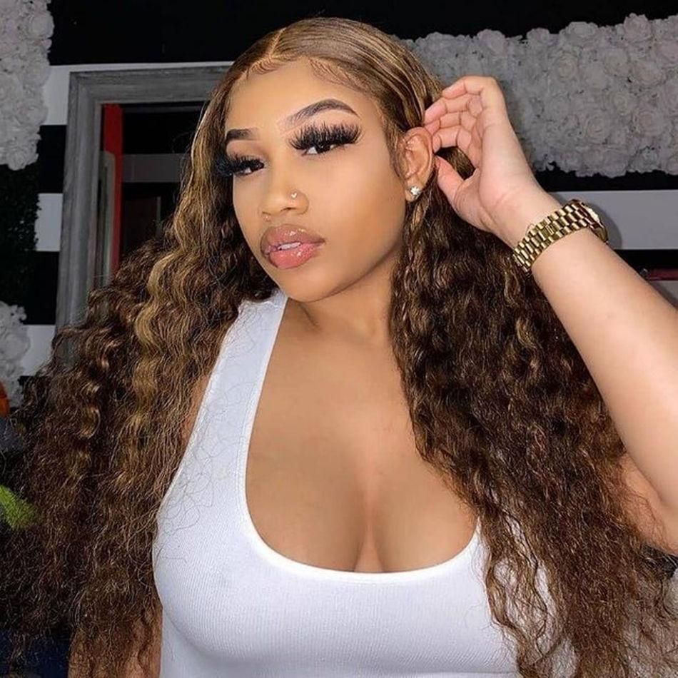 RE DU Young girl Highlight Hair Deep Wave Frontal Wig Ombre Blonde Front Wig Colored Curly Hair Wigs For Black Women