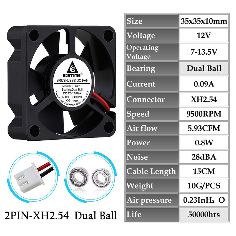 Gdstime 2 Pieces 35x35x10mm 35mm 3510 Brushless DC Cooling Cooler Fan 35mmx35mmx10mm 3.5cm Axial Mini Radiator Fan 12V Dual Ball XH2.54