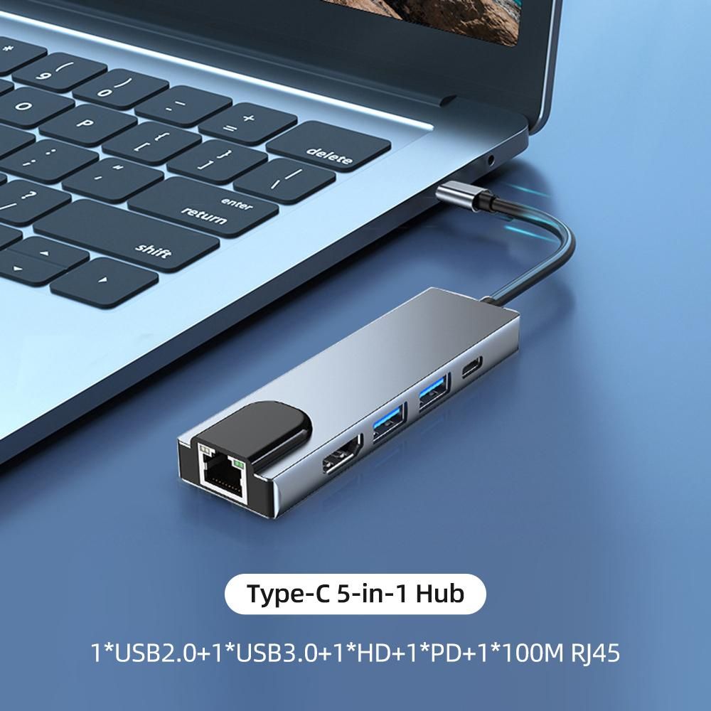 5-in-1 Type-C Hub Multifunctional Type-C Converter Aluminum Alloy Shell with 100M RJ45 HD USB2.0 USB3.0 PD Ports
