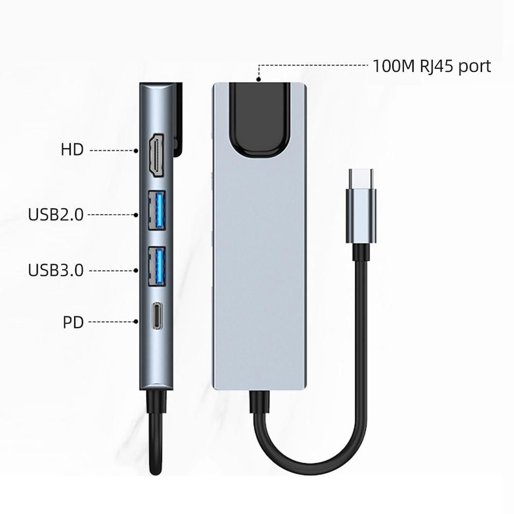 5-in-1 Type-C Hub Multifunctional Type-C Converter Aluminum Alloy Shell with 100M RJ45 HD USB2.0 USB3.0 PD Ports