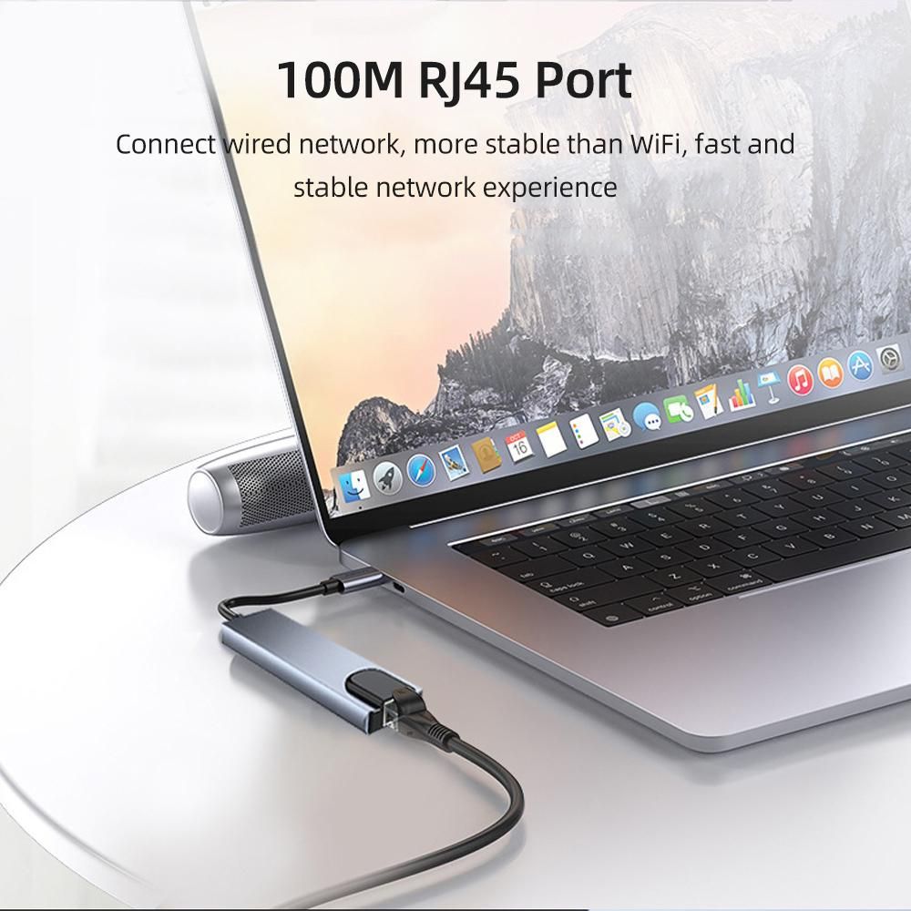 5-in-1 Type-C Hub Multifunctional Type-C Converter Aluminum Alloy Shell with 100M RJ45 HD USB2.0 USB3.0 PD Ports