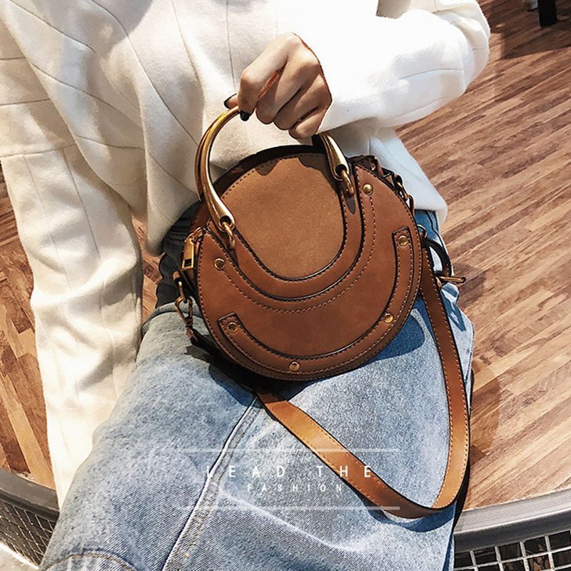 Circular Scrub PU Leather Women Bags Retro Handbag Shoulder Mini Bag(Brown)
