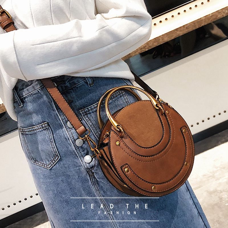Circular Scrub PU Leather Women Bags Retro Handbag Shoulder Mini Bag(Brown)