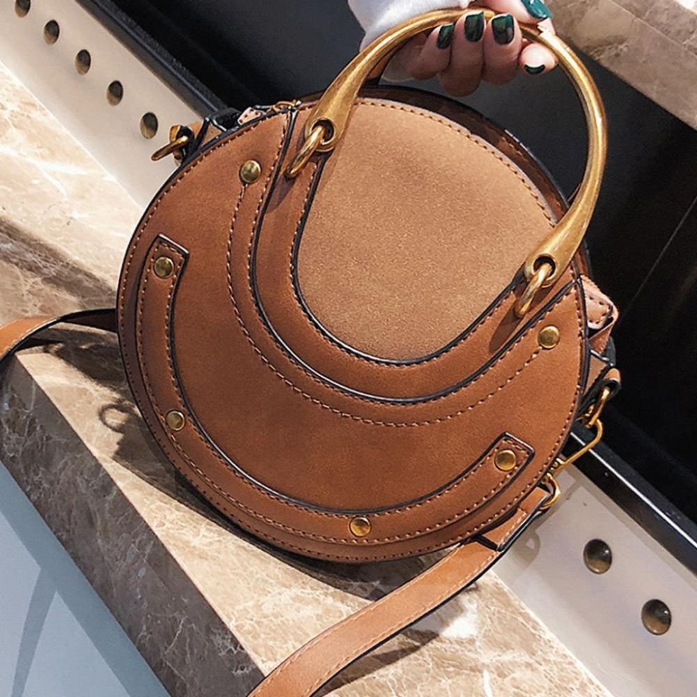Circular Scrub PU Leather Women Bags Retro Handbag Shoulder Mini Bag(Brown)