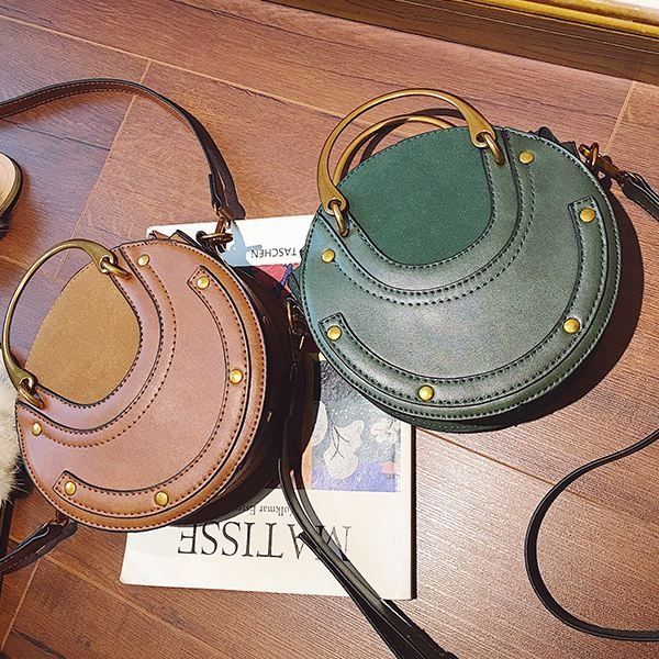 Circular Scrub PU Leather Women Bags Retro Handbag Shoulder Mini Bag(Brown)
