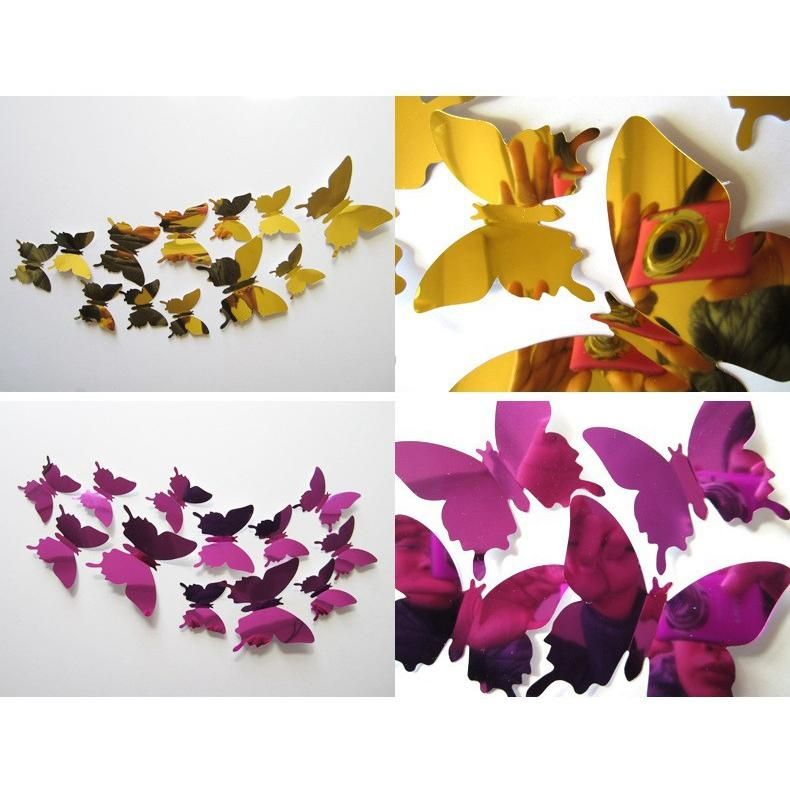 12Pcs/Set New Arrive Mirror Sliver 3D Butterfly Wall Stickers Party Wedding Decor Diy Home Decorations Purple