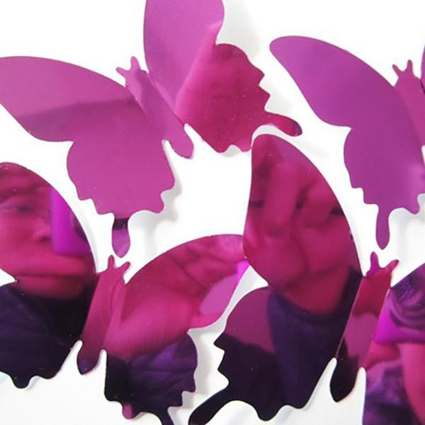 12Pcs/Set New Arrive Mirror Sliver 3D Butterfly Wall Stickers Party Wedding Decor Diy Home Decorations Purple
