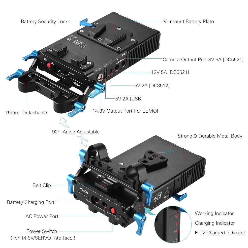 FOTGA DP500III 2 in 1 V-mount Battery Plate Adapter Charger w/ 15mm Rod Clamp Accessory Replacement for Canon Nikon Sony Camera Camcorder Video Studio Shooting Photography Power Supply System