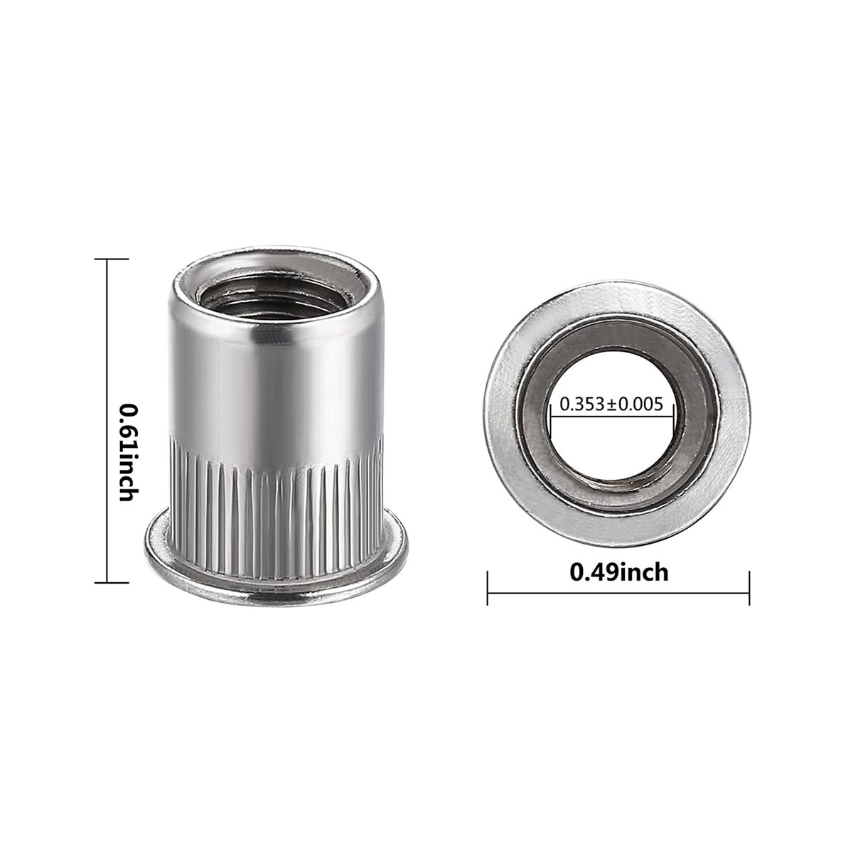 Nut 100Pcs 14In-20UNC Stainless Steel 304 Finish Flat Head Rivnut Threaded Insert Nut Knurled Body Vertical Rivets Nut