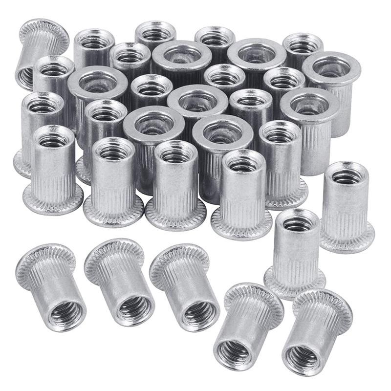Nut 100Pcs 14In-20UNC Stainless Steel 304 Finish Flat Head Rivnut Threaded Insert Nut Knurled Body Vertical Rivets Nut