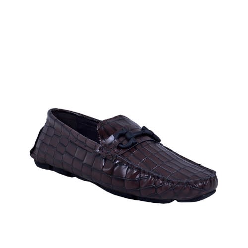 Croc Detailed Leather Italian Loafer - Brown - Msh-3735