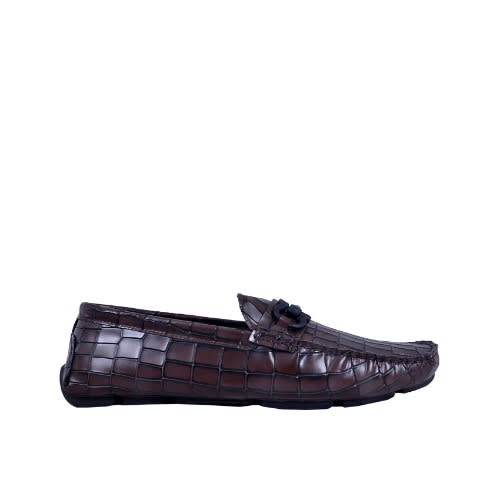 Croc Detailed Leather Italian Loafer - Brown - Msh-3735