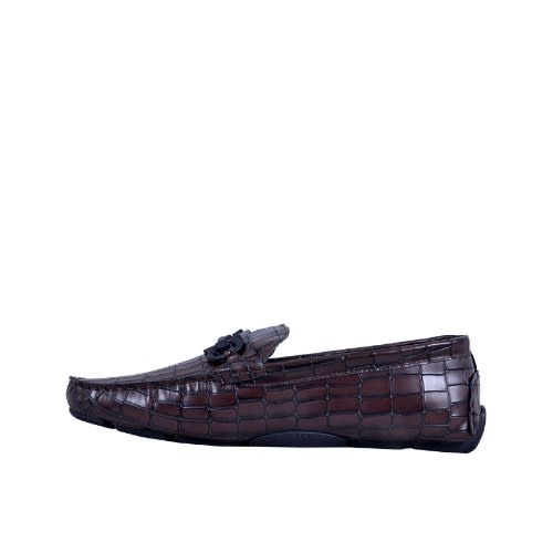 Croc Detailed Leather Italian Loafer - Brown - Msh-3735