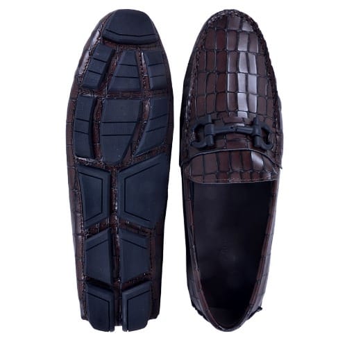 Croc Detailed Leather Italian Loafer - Brown - Msh-3735