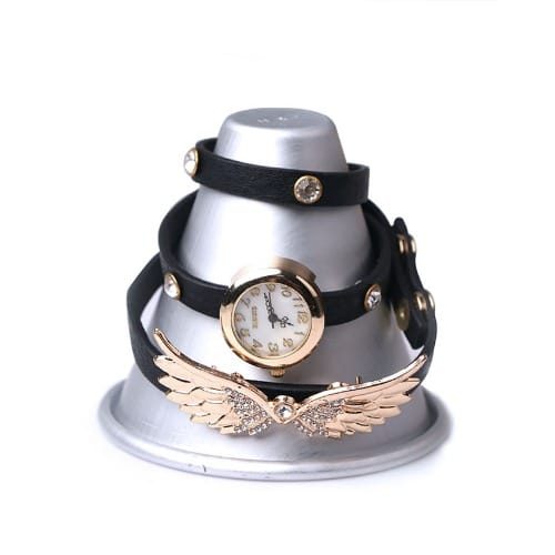 Quartz Rivets Roma Wings Bracelet Wrist Watch - Black