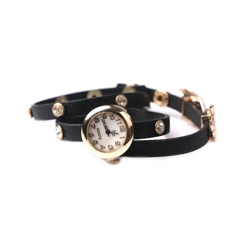 Quartz Rivets Roma Wings Bracelet Wrist Watch - Black