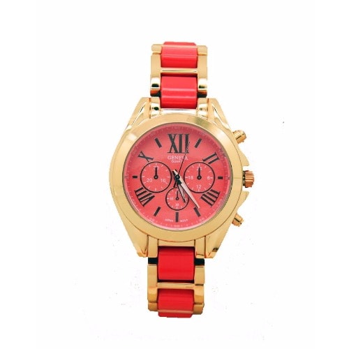Two Tone Bezel Bracelet Watch- Peach with Gold Case