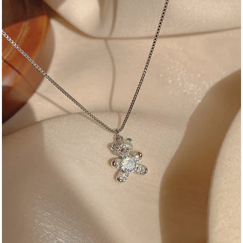 Cubic Zirconia Teddy Bear Pendant Necklace - Silver