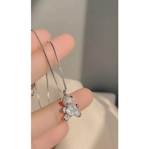 Cubic Zirconia Teddy Bear Pendant Necklace - Silver