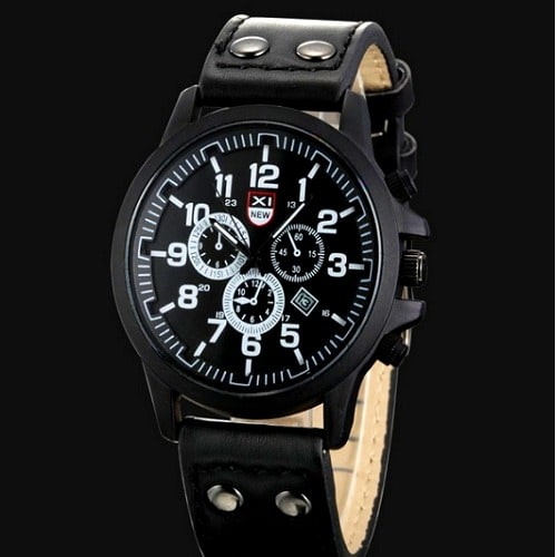 Waterproof Date Leather Strap Watch - Black