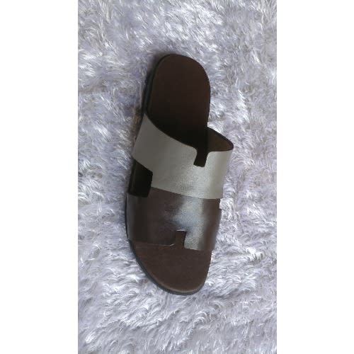 Off White And Brown H Cut Italian Leather Slippers