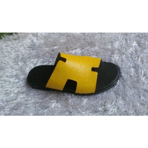 Yellow And Brown H Cut Italian Leather Slippers