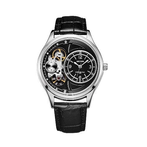 Semi Automatic Leather Chronograph Wrist Watch - Black