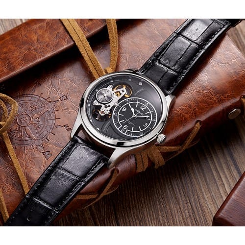 Semi Automatic Leather Chronograph Wrist Watch - Black