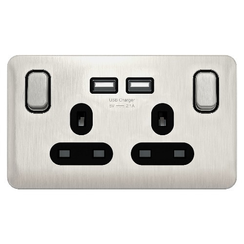 Lisse - Switched Socket - 2 Gang - 13a Sp 2usb Stainless Steel- GGBL30202USBABSSS