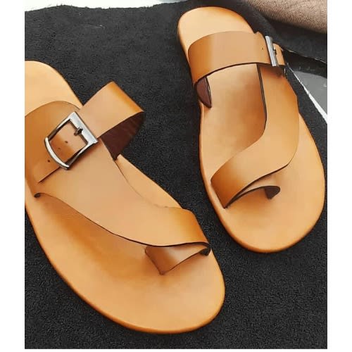 Male Brown Buckle Leather Slippers