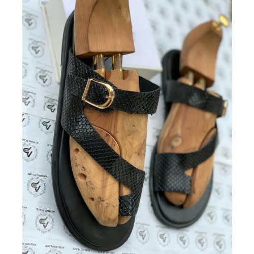 Male Black Skin Leather Buckle Slippers