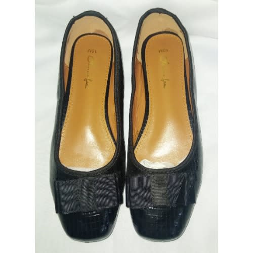 Croc Patterned Leather Flat Shoe With Bold Bow-black