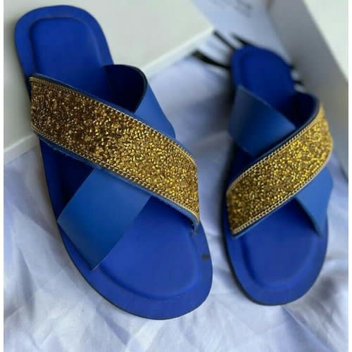 Classy Male Blue Bling Leather Slippers