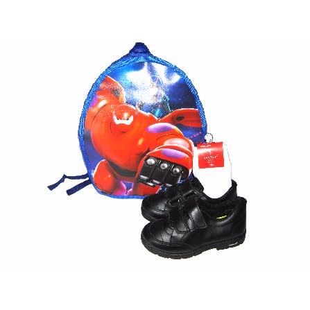 Boys Double Velcro School Shoe With Free Socks & Cartoon School Bag - Black
