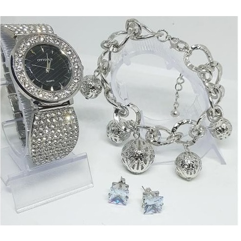 Female Chain Wristwatch With Bracelet And Earrings