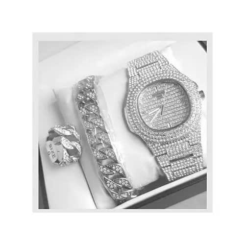 Wristwatch With Bracelet & Ring With Stones For Men - Silver