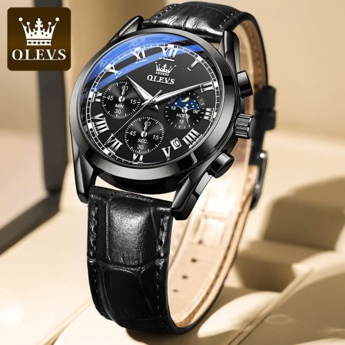 Olevs Limited Edition Leather Wrist Watch - Black