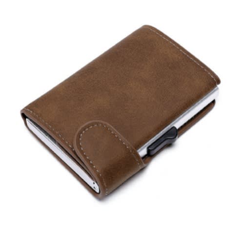Leather Pop Up Alloy Card Holder - Coffee
