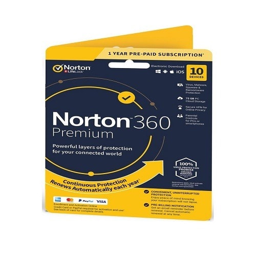Norton 360 Premium - 75gb Cloud-backup - 10 Devices - 1 Year - No Subscription.
