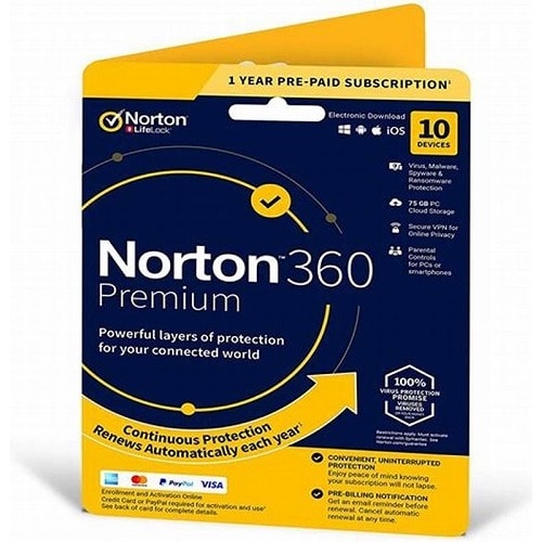 Norton 360 Premium - 75gb Cloud-backup - 10 Devices - 1 Year - No Subscription.